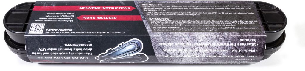 Back of Savage UTV Belt Case packaging.
